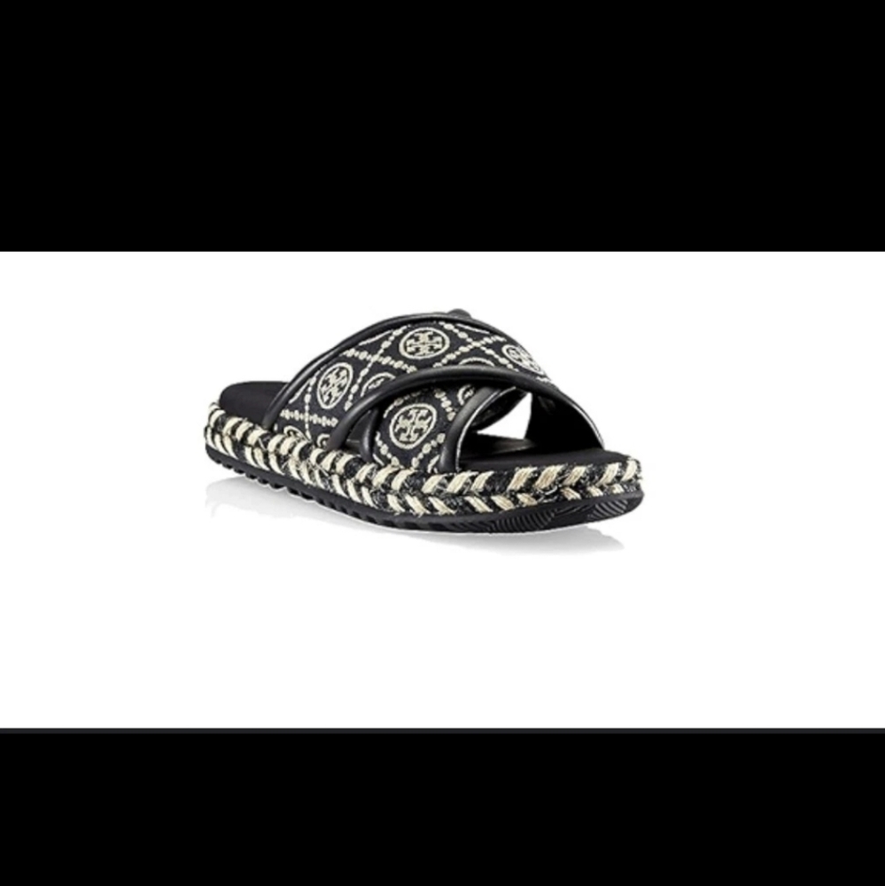 TORY BURCH T MONOGRAM JACQUARD LEATHER CRISSCROSS ESPADRILLE SLIDES SANDALS Sz 6